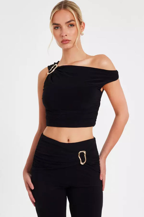 Black Buckle Drop Shoulder Top