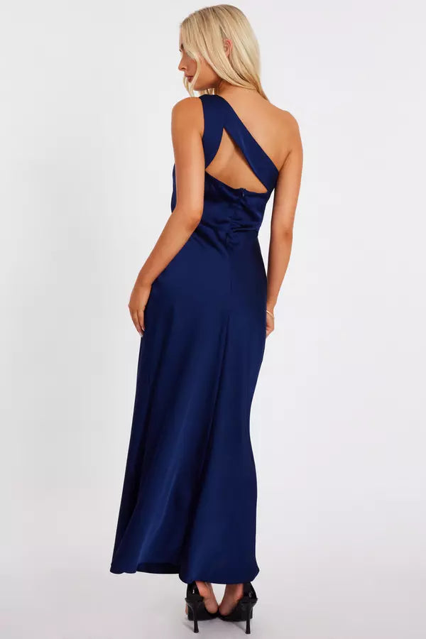 Navy Satin One Shoulder Midaxi Dress