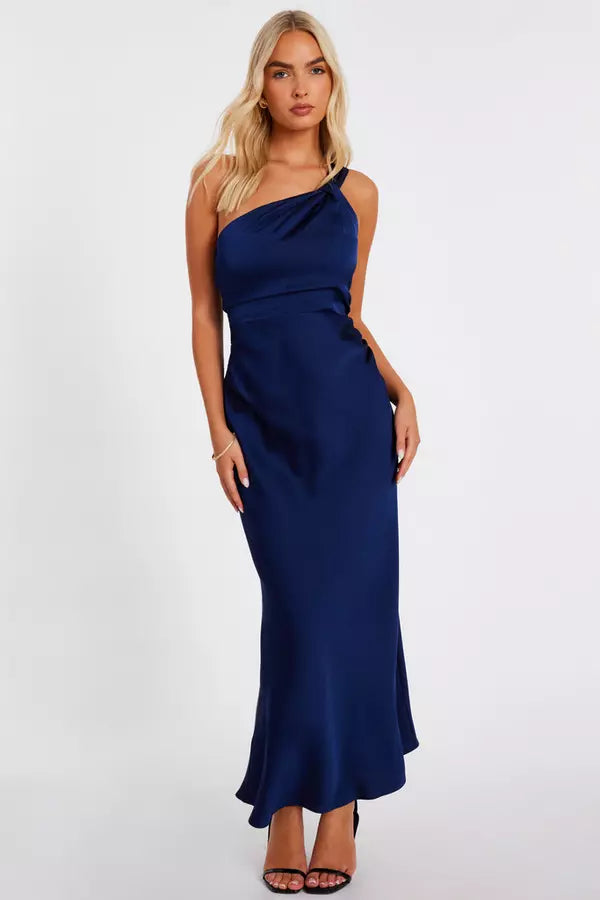 Navy Satin One Shoulder Midaxi Dress