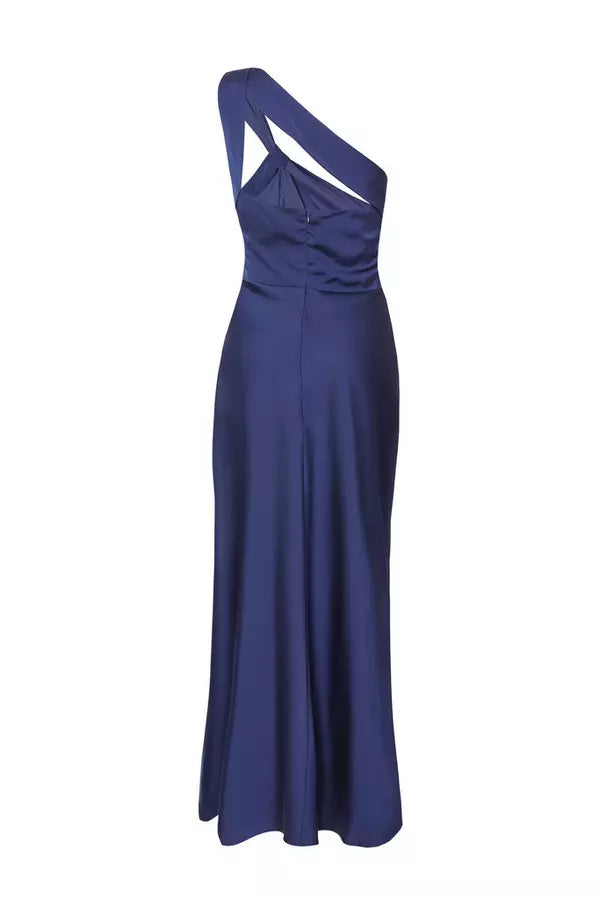 Navy Satin One Shoulder Midaxi Dress