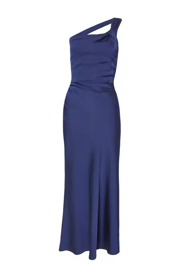 Navy Satin One Shoulder Midaxi Dress