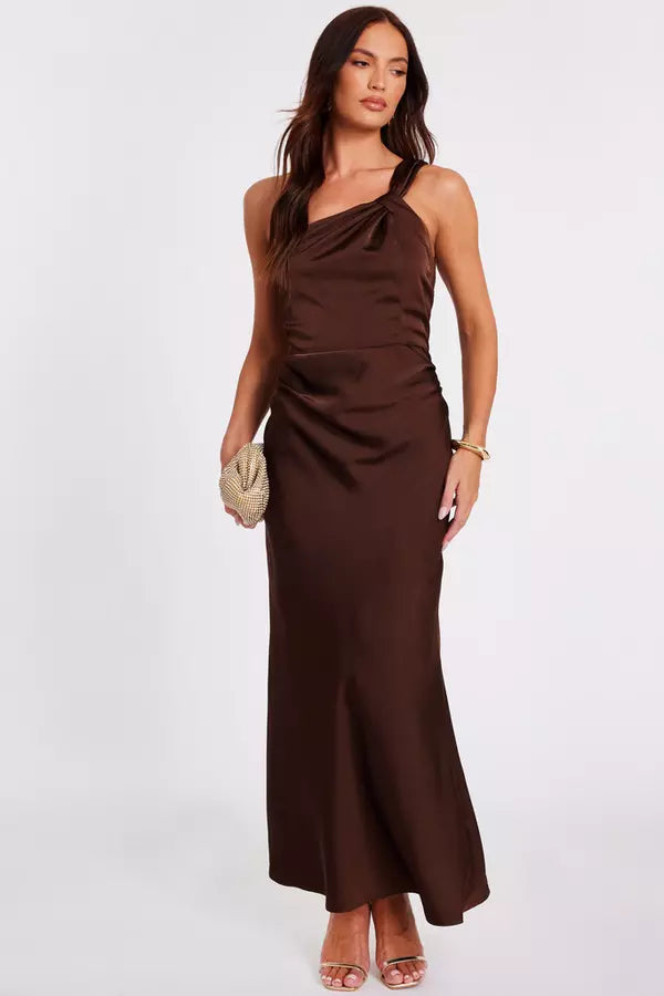 Brown Satin One Shoulder Midaxi Dress