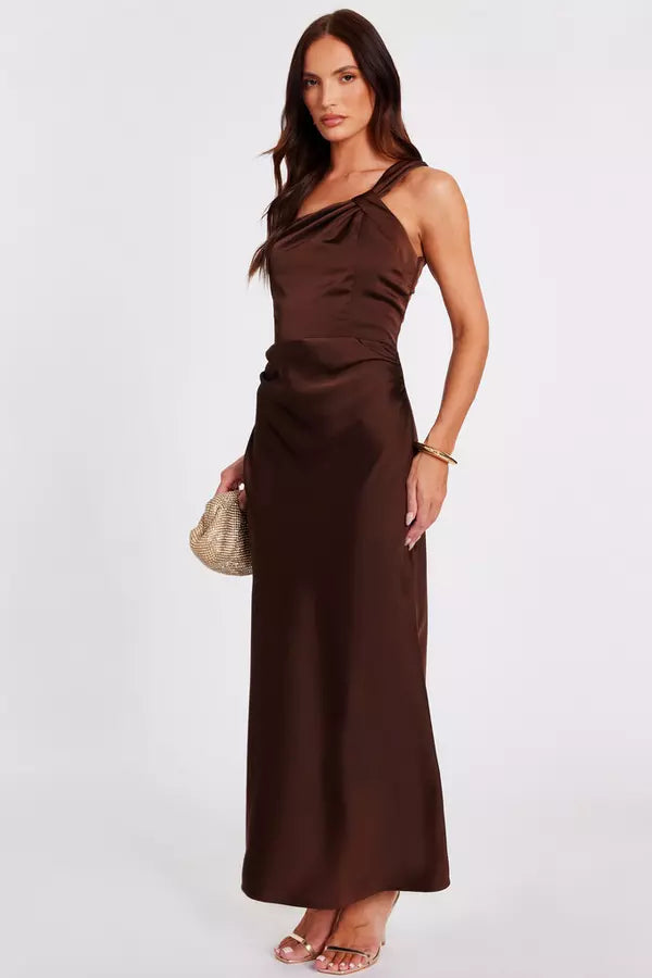 Brown Satin One Shoulder Midaxi Dress
