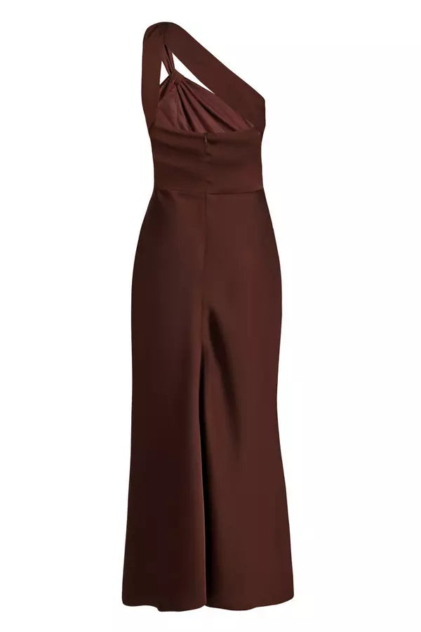 Brown Satin One Shoulder Midaxi Dress