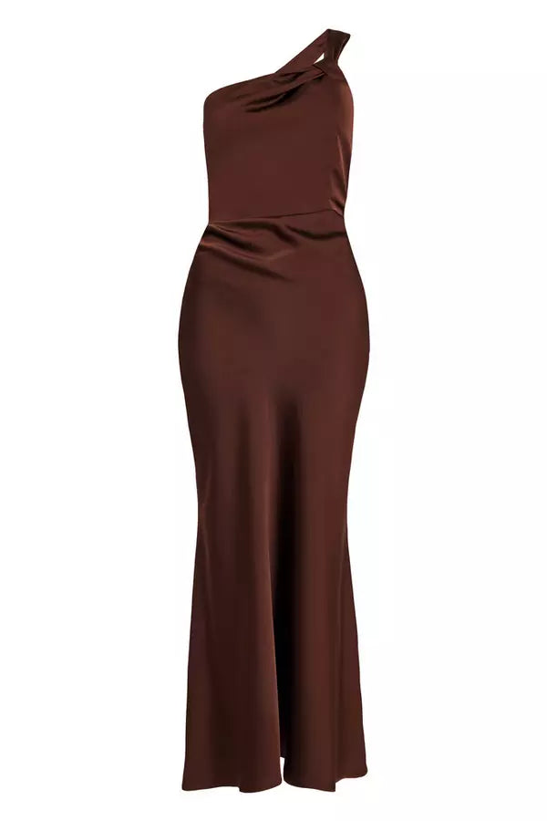 Brown Satin One Shoulder Midaxi Dress