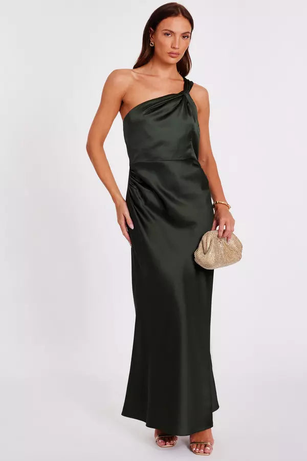 Dark Green Satin One Shoulder Midaxi Dress