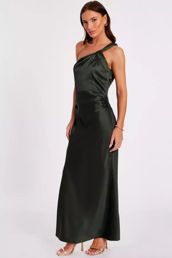 Dark Green Satin One Shoulder Midaxi Dress