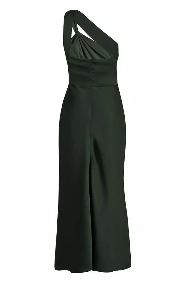 Dark Green Satin One Shoulder Midaxi Dress
