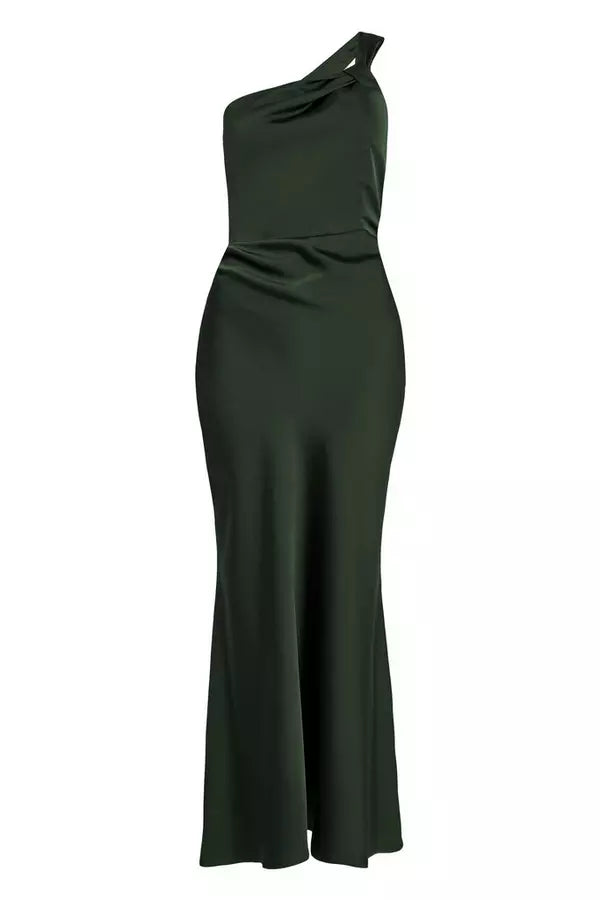 Dark Green Satin One Shoulder Midaxi Dress