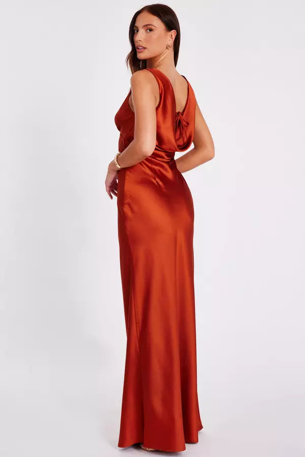Rust Satin Cowl Back Maxi Dress