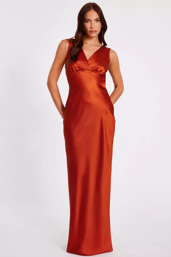 Rust Satin Cowl Back Maxi Dress