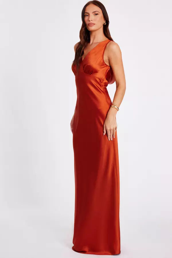 Rust Satin Cowl Back Maxi Dress