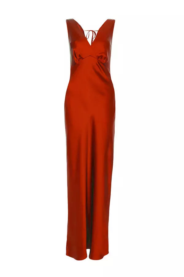 Rust Satin Cowl Back Maxi Dress
