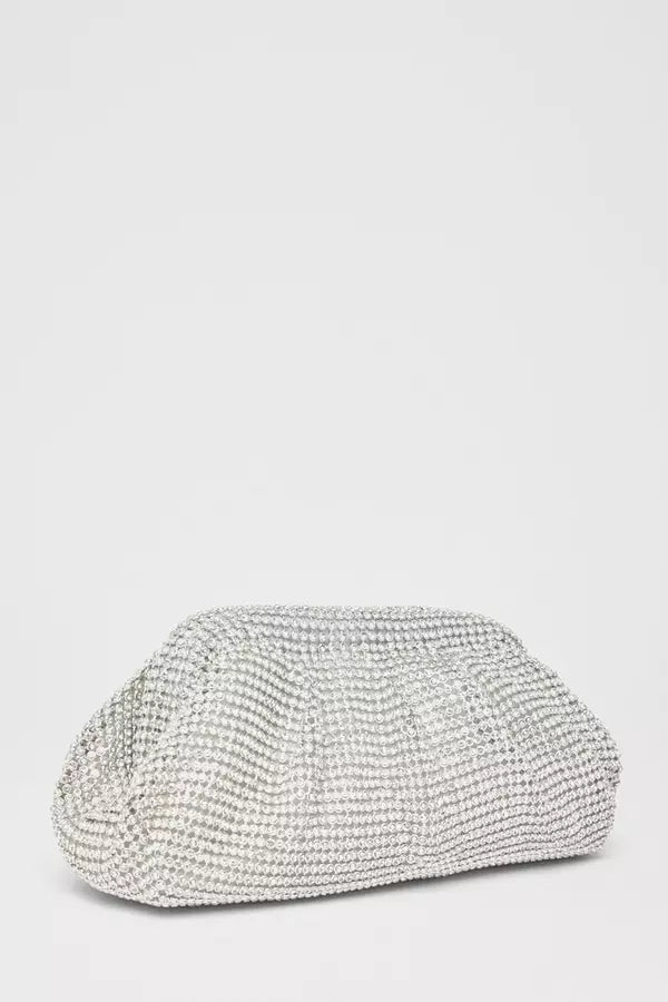 Silver Diamante Gathered Pouch Bag
