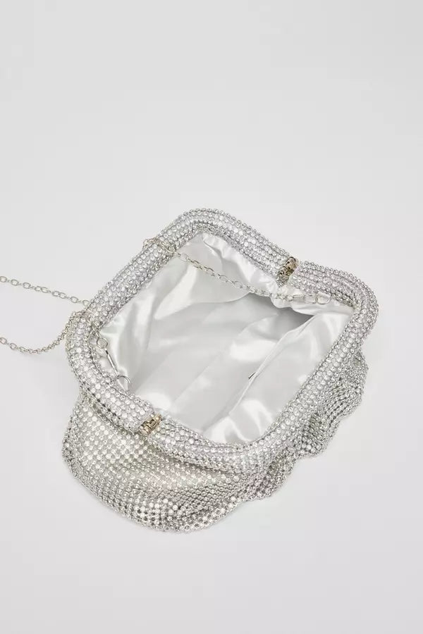Silver Diamante Gathered Pouch Bag