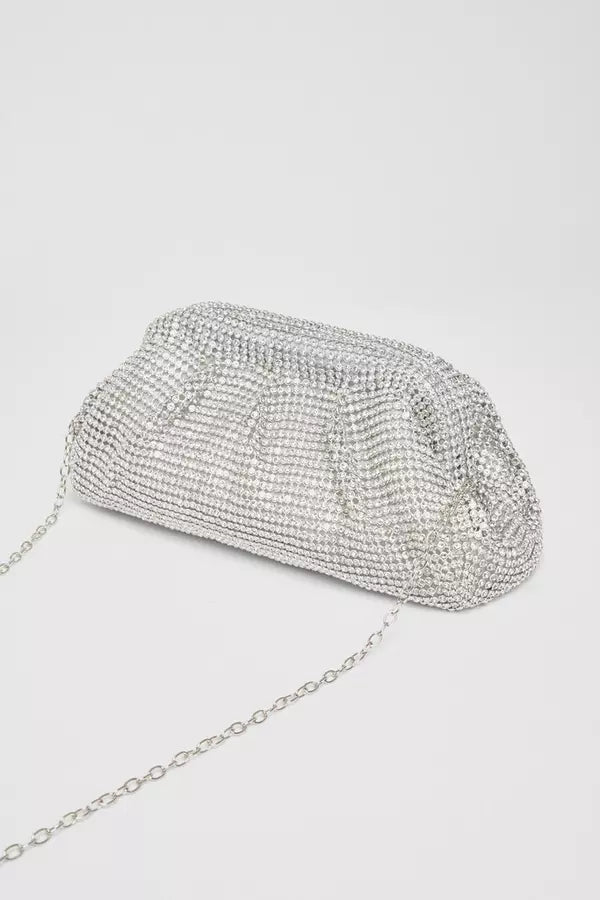 Silver Diamante Gathered Pouch Bag