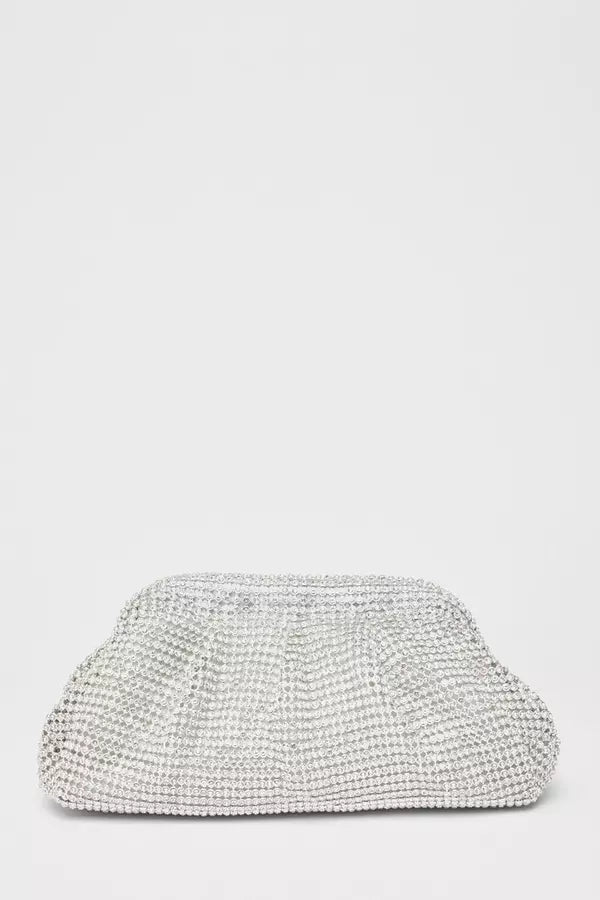 Silver Diamante Gathered Pouch Bag