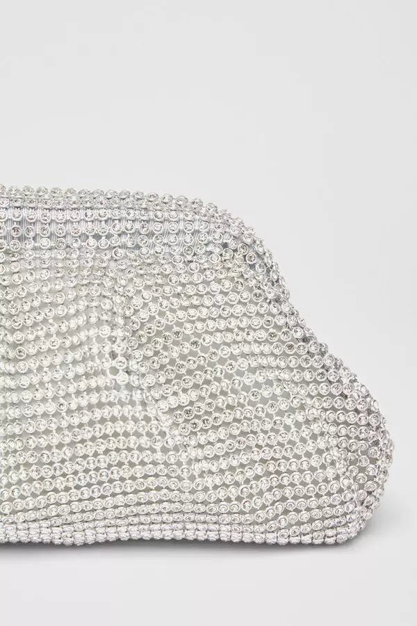 Silver Diamante Gathered Pouch Bag