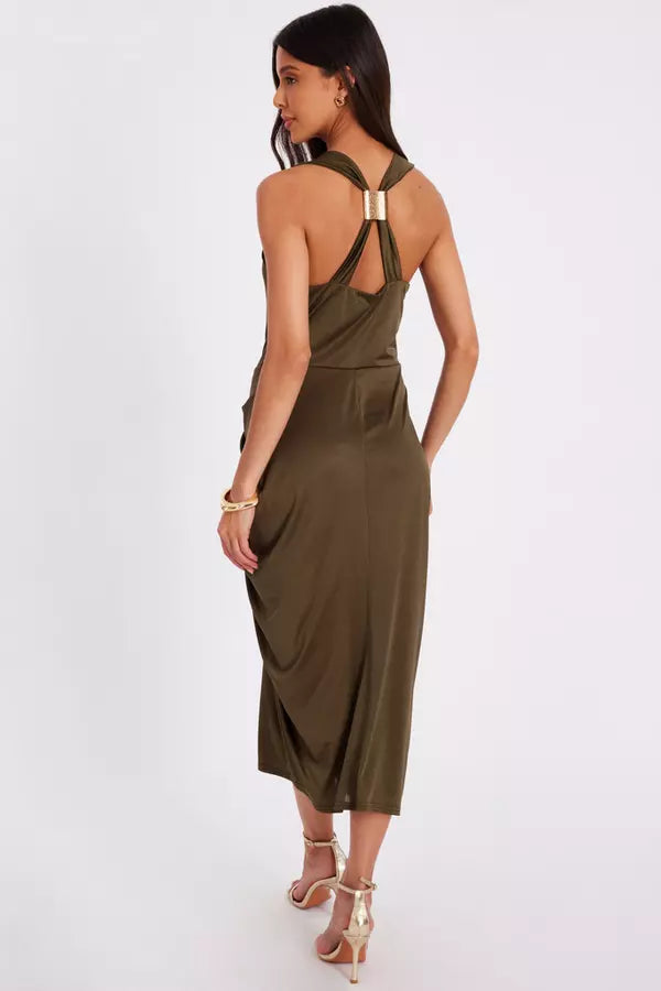 Khaki Cowl Neck Midi Dress