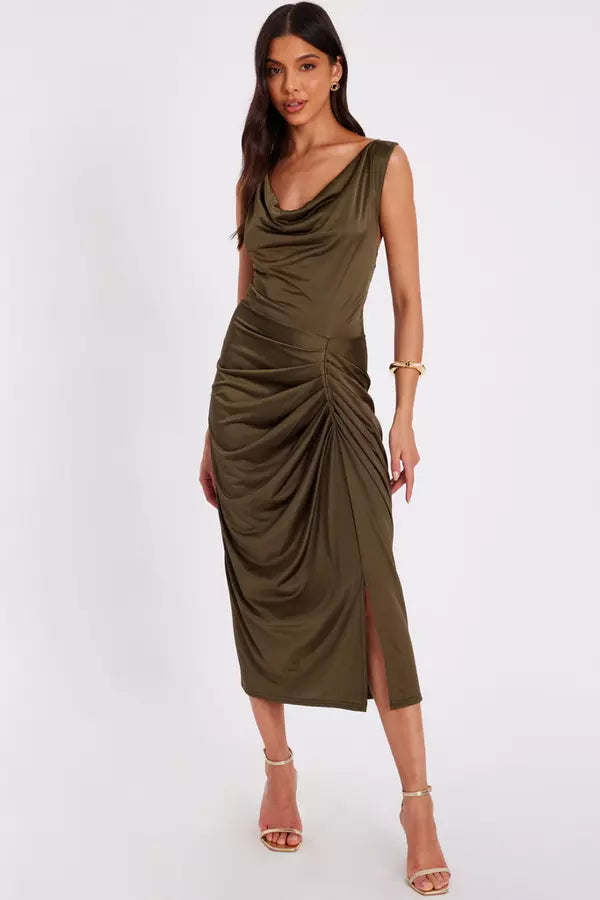 Khaki Cowl Neck Midi Dress