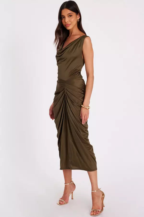 Khaki Cowl Neck Midi Dress