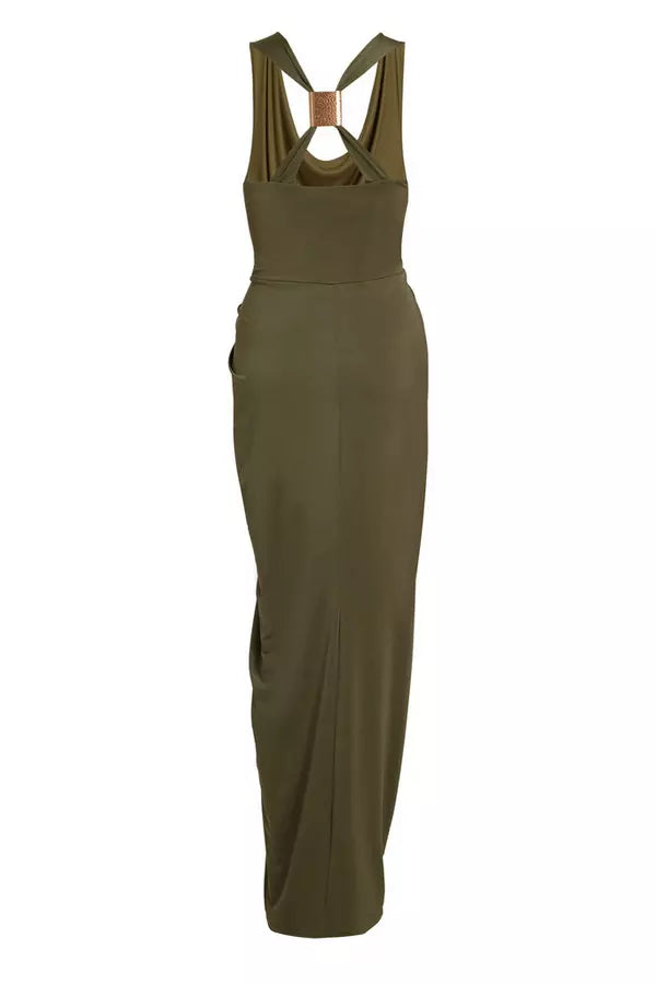 Khaki Cowl Neck Midi Dress