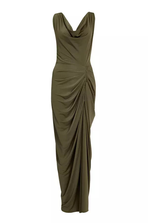 Khaki Cowl Neck Midi Dress