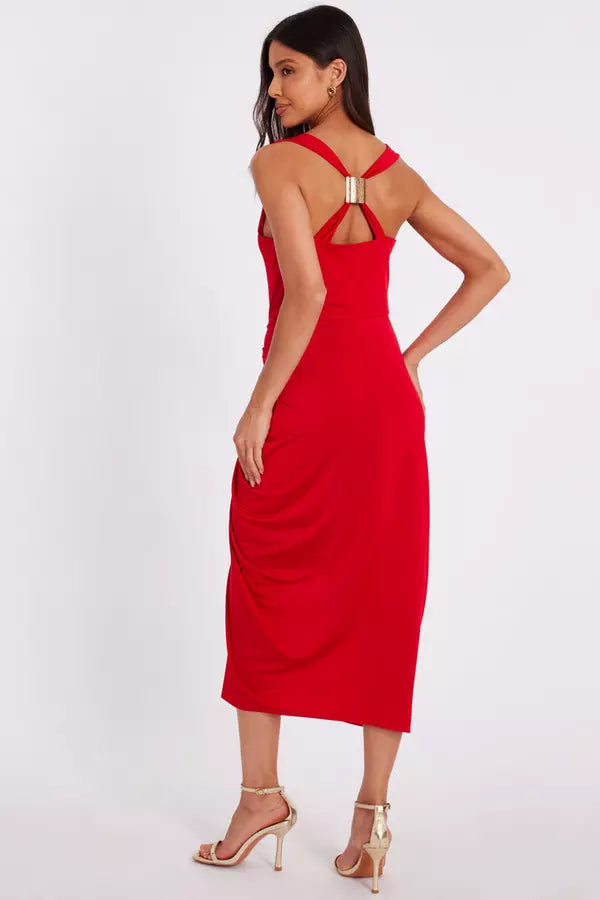 Red Cowl Neck Midi Dress