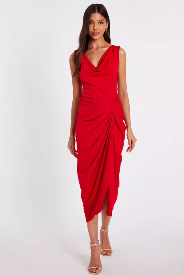 Red Cowl Neck Midi Dress