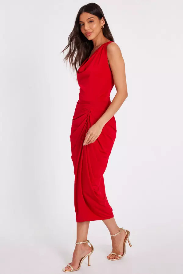 Red Cowl Neck Midi Dress
