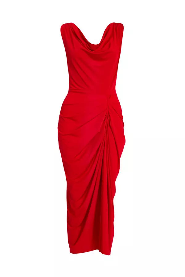 Red Cowl Neck Midi Dress