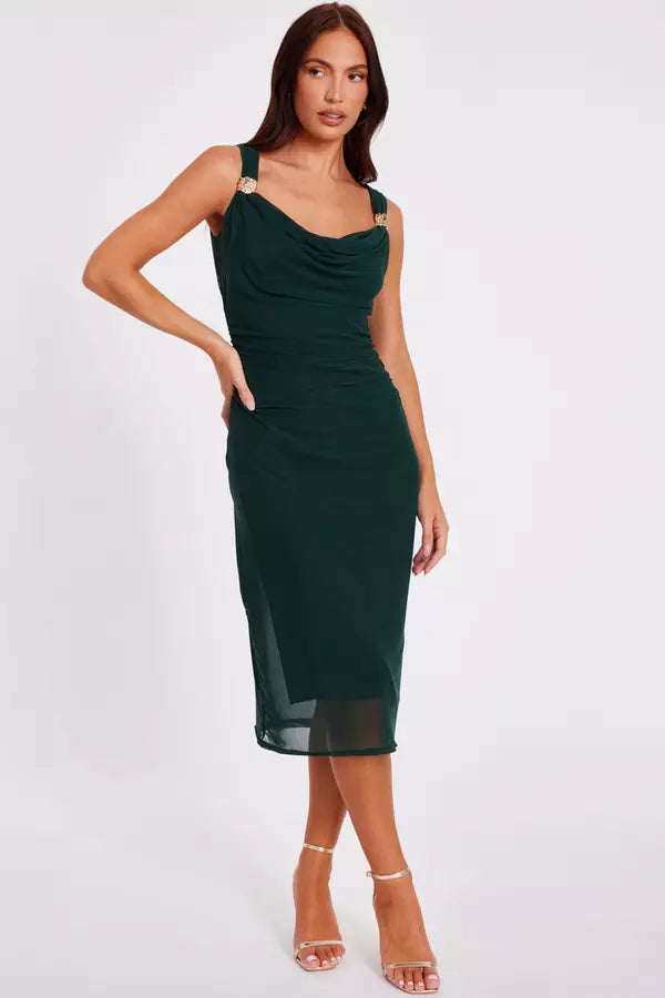 Bottle Green Mesh Buckle Detail Midi Dress