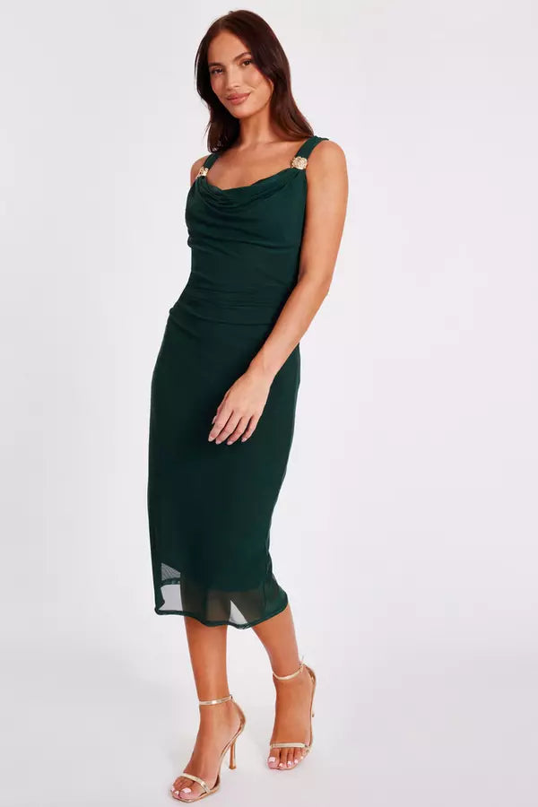 Bottle Green Mesh Buckle Detail Midi Dress