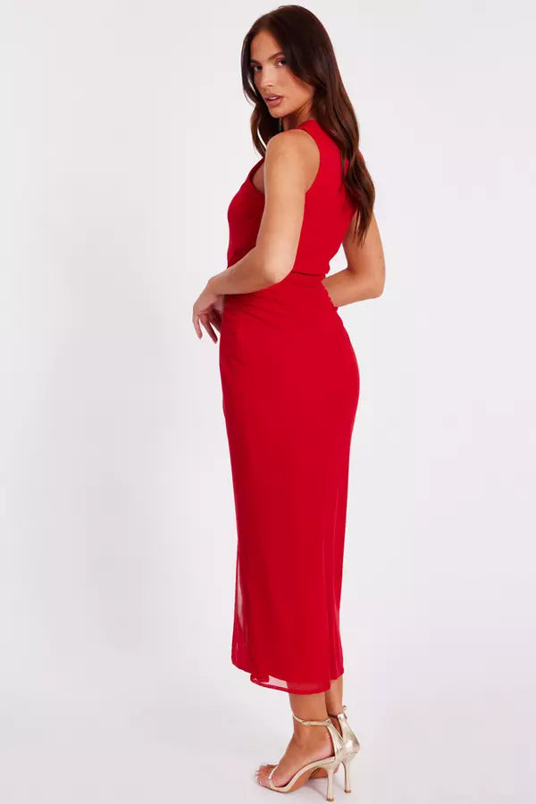Red Mesh Buckle Midaxi Dress