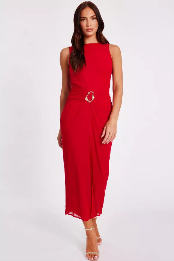 Red Mesh Buckle Midaxi Dress