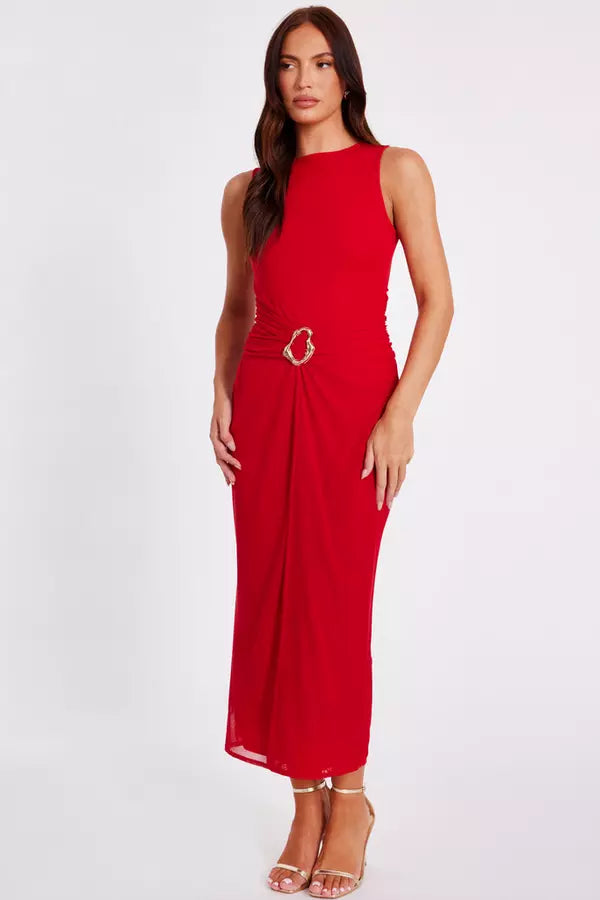 Red Mesh Buckle Midaxi Dress