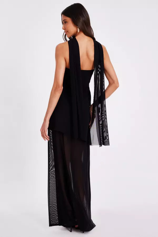 Black Strapless Mesh Hem Maxi Dress
