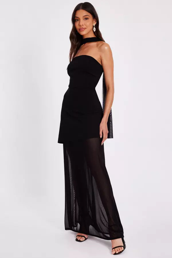 Black Strapless Mesh Hem Maxi Dress