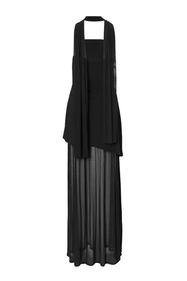 Black Strapless Mesh Hem Maxi Dress