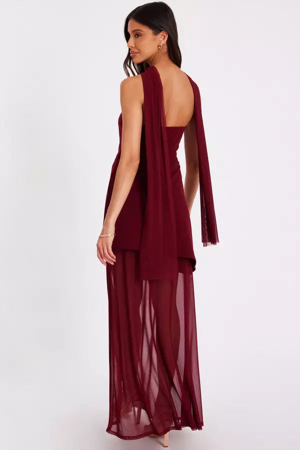 Dark Red Strapless Mesh Hem Maxi Dress