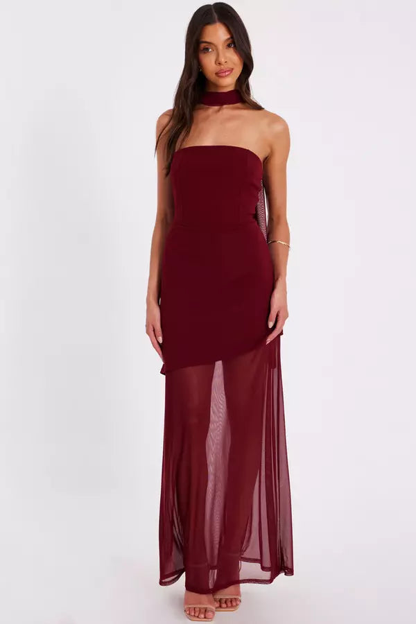Dark Red Strapless Mesh Hem Maxi Dress