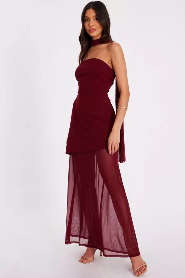 Dark Red Strapless Mesh Hem Maxi Dress