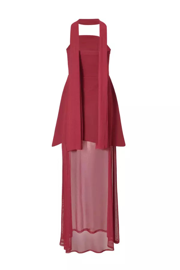 Dark Red Strapless Mesh Hem Maxi Dress