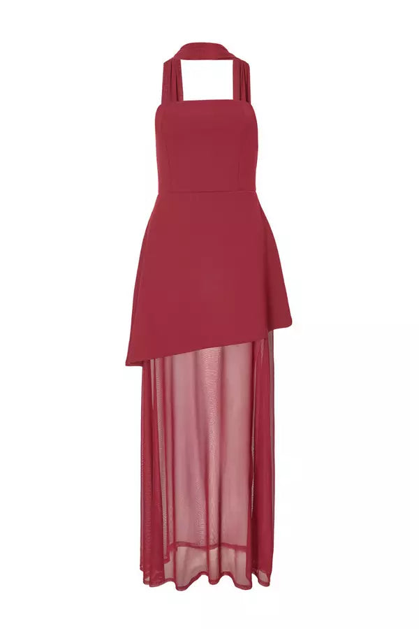 Dark Red Strapless Mesh Hem Maxi Dress