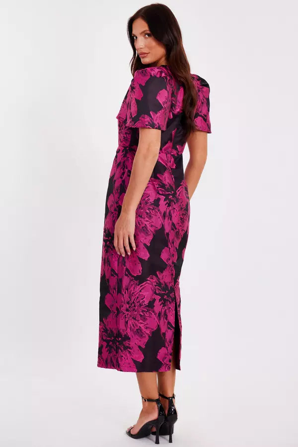 Magenta Floral Short Sleeve Midaxi Dress