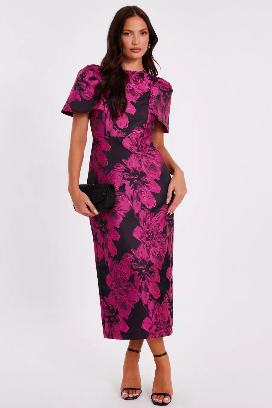 Magenta Floral Short Sleeve Midaxi Dress