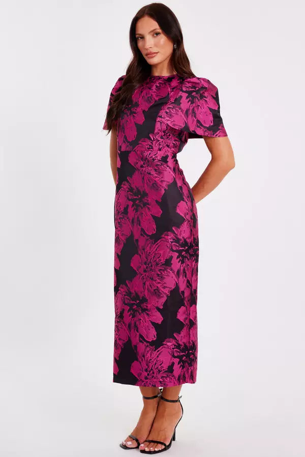 Magenta Floral Short Sleeve Midaxi Dress