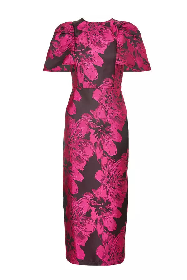 Magenta Floral Short Sleeve Midaxi Dress