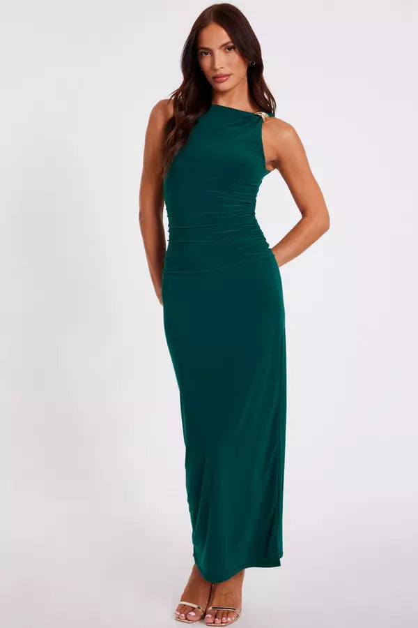 Bottle Green Gold Buckle Midaxi Dress