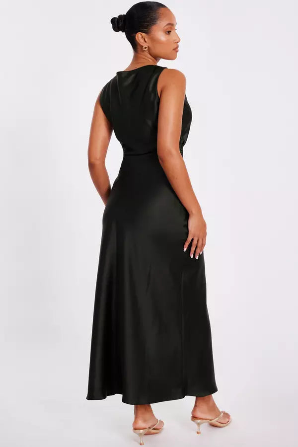 Petite Olive Satin Ruched Midaxi Dress